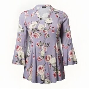 Torrid Fit And Flare Rayon Slub Button-Front Top Womens Sz 1X Purple Floral Boho